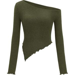 Zenlonr Women's Long Sleeve Shirts Fall Outfits 2025 Off The Shoulder Tops Asymmetrical Fitted Knit T Shirts Going Out Tops (X-Small, Army Green)