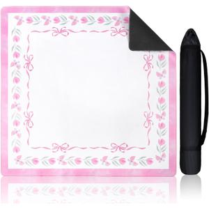 Pink Bow Mahjong Mat 31.5 x 31.5 Inch Coquette Mahjong Table Pad with Carrying Bag Cute Aesthetic Anti Slip Noise Reduction Games Table Cover for Poker Card Board Games Dominoes