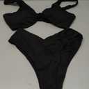 Geluboao Bikini Set for Women Solid V Neck Knot Front Push Up High Leg Thong Two Piece Swimsuit (Small, Black)