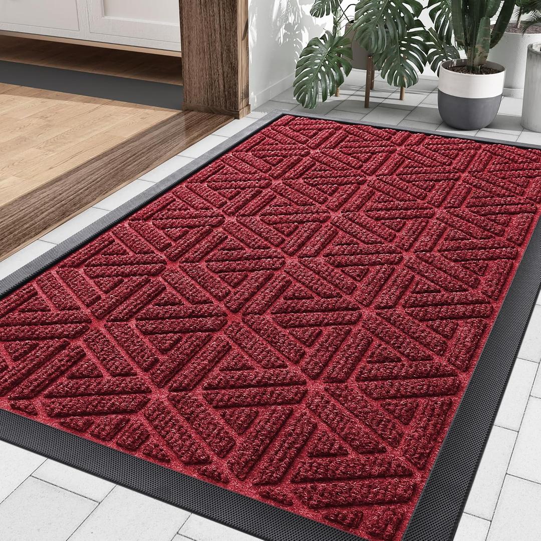 Smiry Front Door Mat Outside Entrance, Heavy Duty Sturdy Natural Rubber Doormat, Trap Dirt and Moisture, Easy Clean Low Profile Mats for Indoor Outdoor Entry, Grid Geometric (29.5x17, Wine Red)