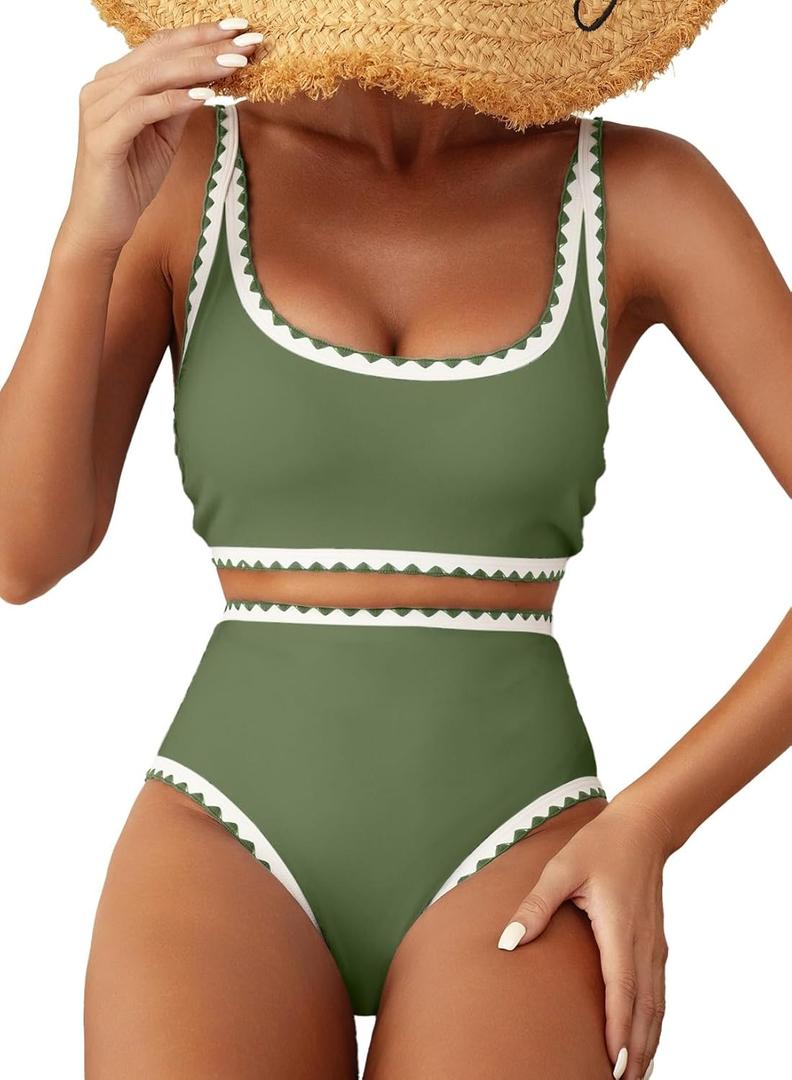 Herseas Women's Bikini Sets Floral Print Whip Stitch 2 Piece Swimsuits High Waisted Scoop Bathing Suits (Medium)