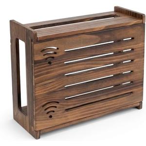 Router Box Hider, Router Shelf WiFi Box Hider, Wooden WiFi Storage Cabinet with Sliding Panel, Vented Back, Cable Management, Modem Cover, Cords & Power Strip, Wall Mount or Tabletop (Dark Oak), Large