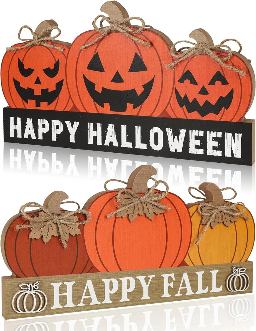 Fall Pumpkin Decor for Home Happy Halloween Thanksgiving Decoration Wooden Block Table Sign Tabletop Tiered Tray Decor Double-sided Print for Autumn Centerpieces Farmhouse Vintage Harvest Party Rustic (Large, Orange)