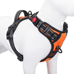 PHOEPET Reflective Dog Harness Large Breed Adjustable No Pull Vest with with Handle 2 Metal Rings 3 Buckles [Easy to Put on & Take Off](Large, Orange)