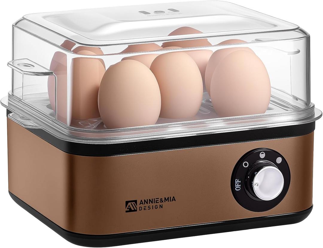 Annie & Mia Design Stainless Steel Electric Rapid Egg Cooker, 8 Egg Capacity 500W, Soft/Medium/Hard Boiled Egg Boiler Poacher Steamer Omelet Maker, Knob Auto Shut-Off, with Recipe Guide Book (Gold)