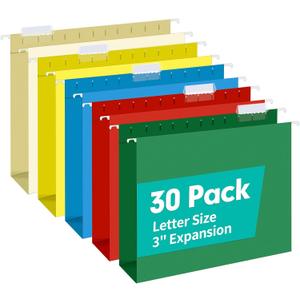 HERKKA Extra Capacity Hanging File Folders, 30 Pack Reinforced Letter Size Hanging Folders with Heavy Duty 3 Inch Expansion, Designed for Bulky Files, Medical Charts, Adjustable Tabs, Assorted Colors