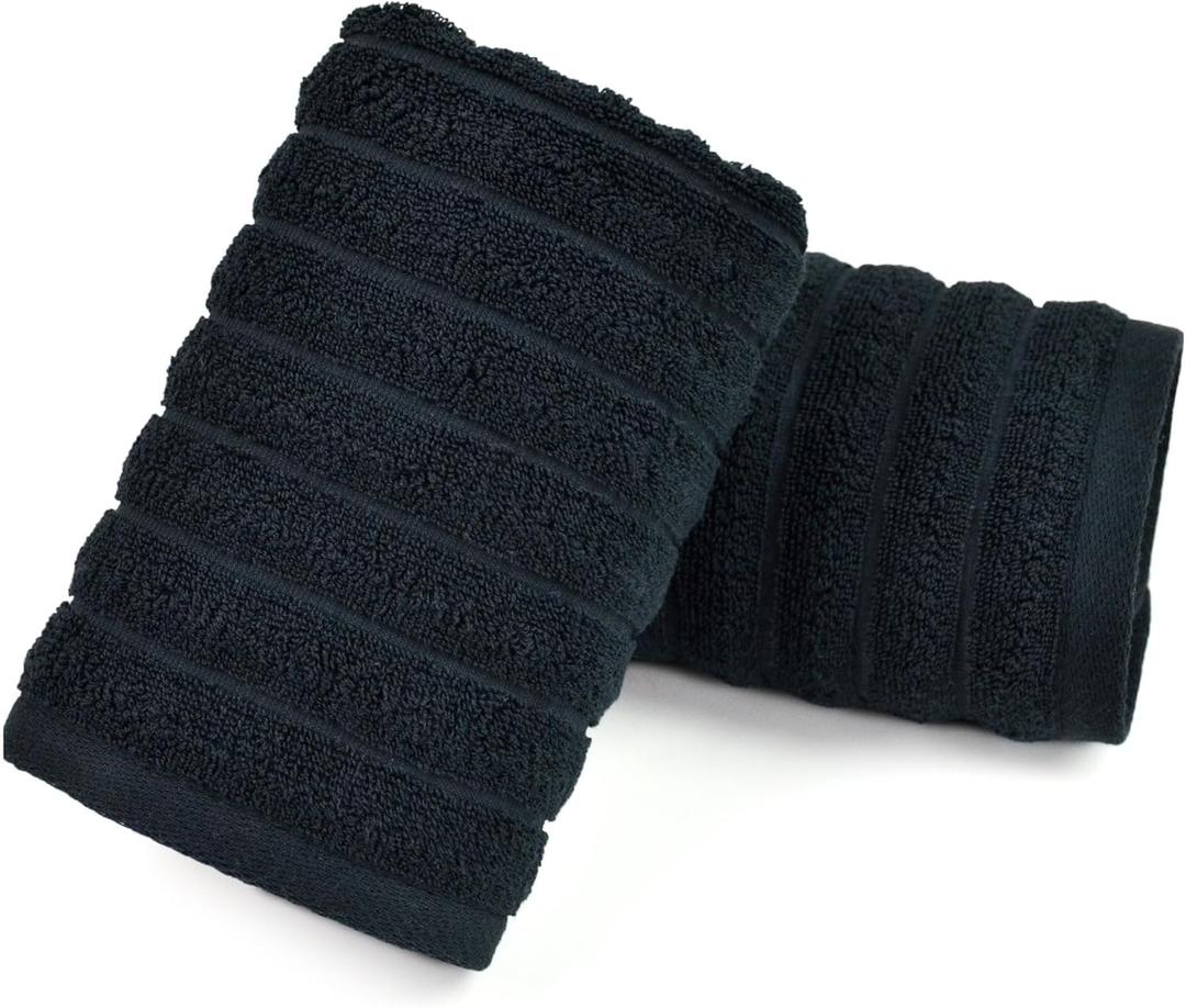 Jacquotha 2-Pack Bathroom Hand Towels (Black) Ribbed Guest Room & Spa Cotton Face Towels 13 x 29, Soft and Quick Drying 480 GSM, Small