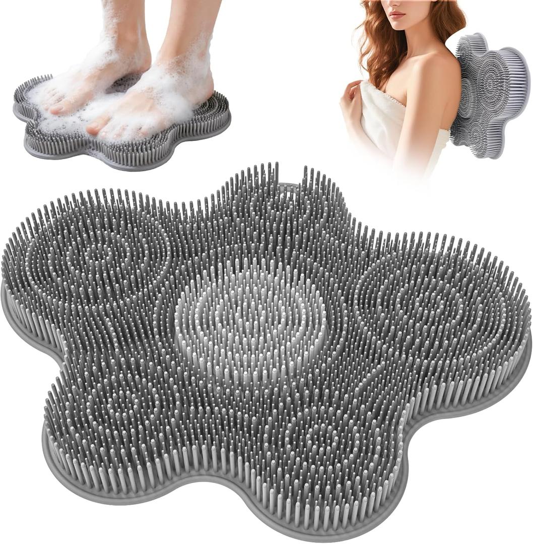 Shower Foot Scrubber Mat Silicone Back Exfoliating Cleaner, Feet Message Bath Washer Pad with Suction Cups for Wall Non-Slip - Itchy Toes Dead Skin Beauty Deep Clean Soft Bristles 14.2 * 11.2in Grey