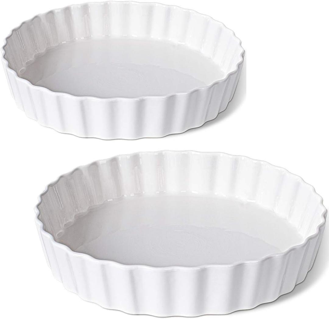 DELLING Set of 2 Ceramic Tart Pans, 9.5 inch Quiche Pan, Fluted Edge Quiche Baking Dish/Pie Pan, Perfect for Baking Tart Pies and Chicken Pot Pie, Cheesecake, Creme Brulee, Round, White