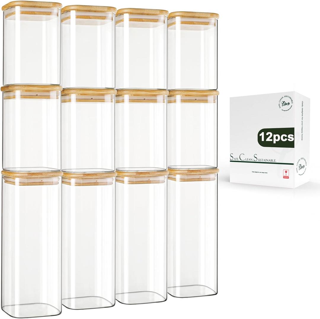 LIBWYS 12Pack Square Glass Storage Jars with Bamboo Lids (0.6Qt/1.06Qt)  Stackable Food Containers for Pantry Organization, Coffee, Flour, Snacks, Tea | Kitchen Canisters Set