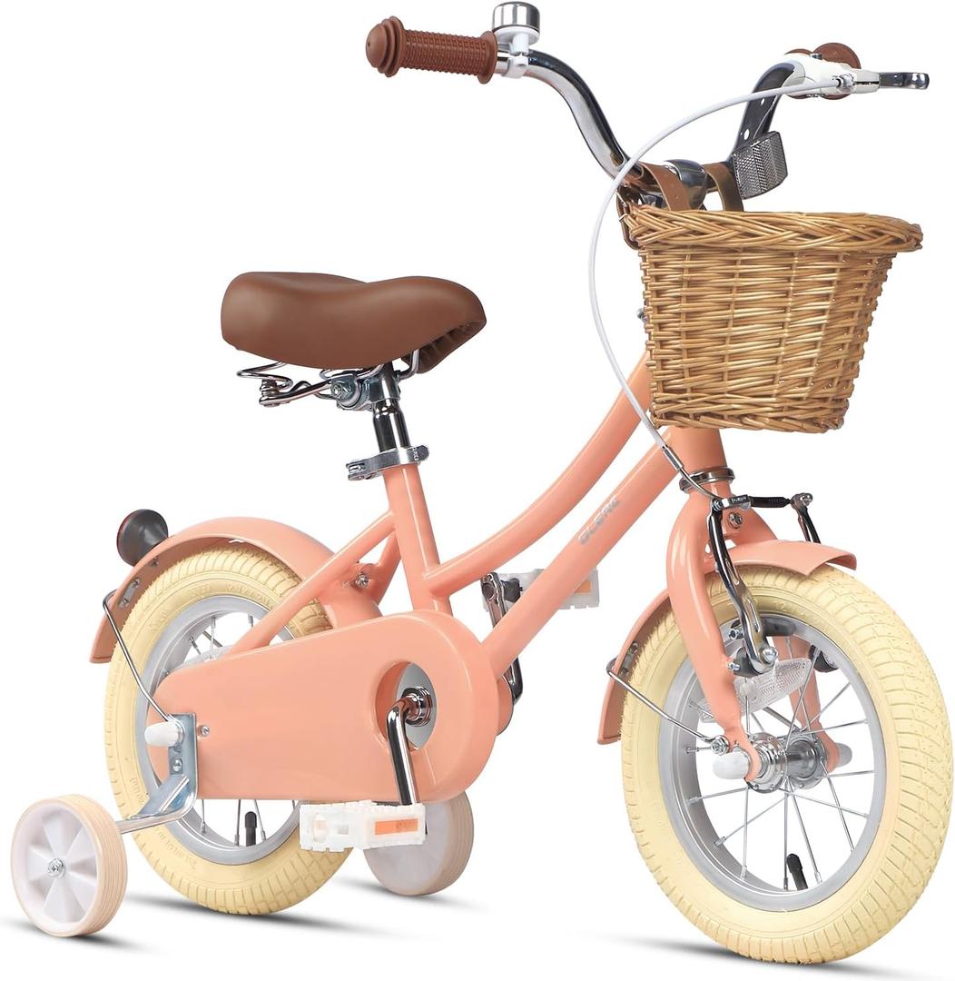 Glerc Little Molly 12-20 Inch Kids Retro Cruiser Bike for 2-13 Year Old with Wicker Basket & Training Wheels/Kickstand, Multiple Colors (Peach)