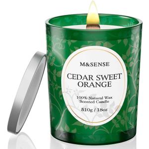 M&SENSE Cedarwood Orange Christmas Candle, Cracking Wooden Wick Soy Wax, 18oz 100 Hours Long Lasting Clean Burn, Large Fall Candles for Home Scented, Winter Holiday Aromatherapy Gifts for Women