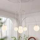 Brushed Nickel Sputnik Chandelier,Modern 6 Lights Chandelier Large L40Mid Century Long Ceiling Pendant Light Fixtures for Dining Room with Milk Glass Globe Shades for High Ceiling Foyer Living Room