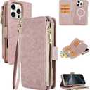 VANAVAGY Compatible for iPhone 16 Pro Wallet Case with RFID Blocking Card Holder for Magsafe, PU Leather Magnetic Strap Wallet Detachable Phone Case with Kickstand for 16 Pro 6.3inch,Salmon Pink