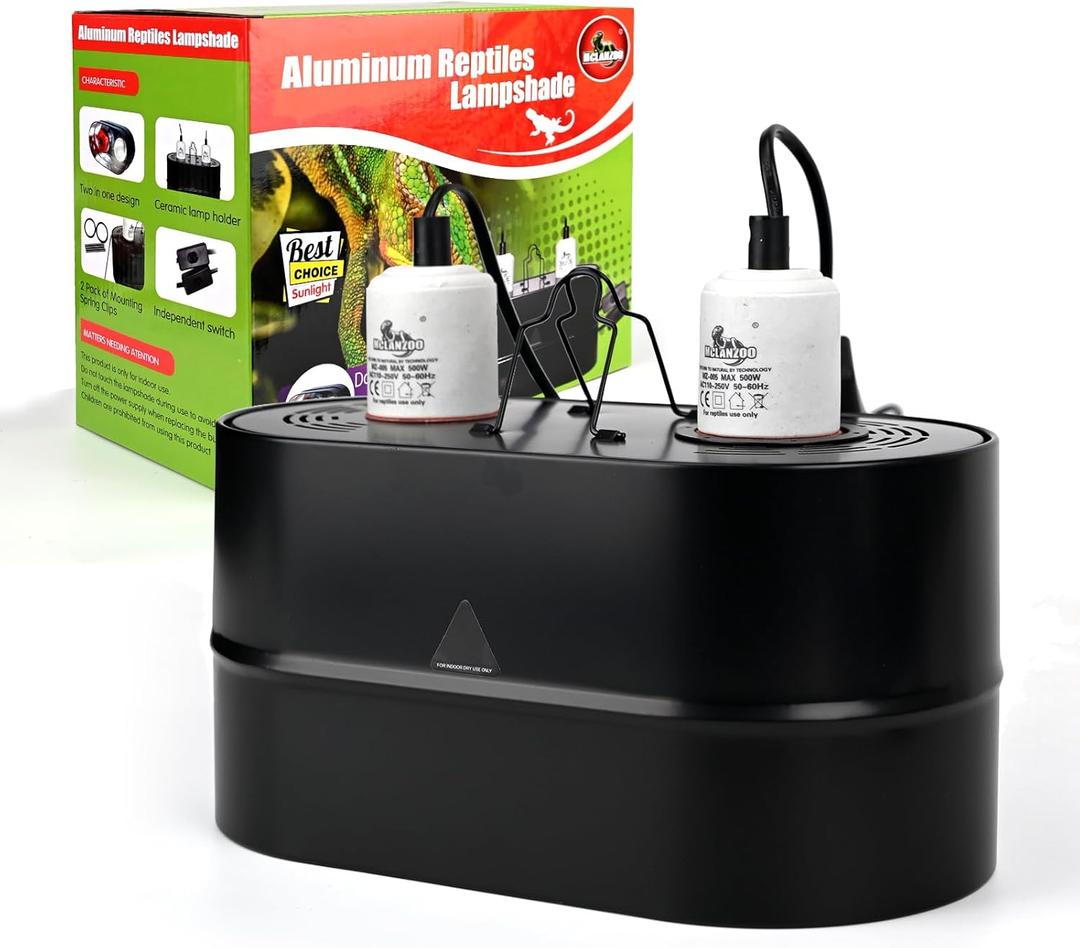 Dual Reptile Light Fixture Deep Dome,Max 150W,UV Lamp Fixture Dual Lamp Cap for Reptiles Terrarium with Two Independent Switches Heat Lighting Lamp Kit