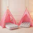 Wilwolfer Pink Sleepover Teepee Tent for Kids-2 Pack Tipi Playhouse for Kids with Lights& Flag& Inflatable Airbed -Indoor/Outdoor Foldable- Slumber Party Tent -Sleepover Party Supplies