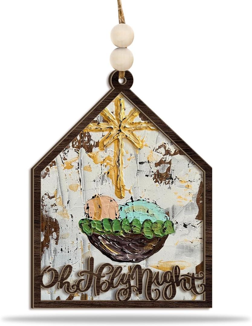 3 x Oh Holy Night Nativity Ornament 2025  Wooden Christmas Tree Decoration with Baby Jesus in Manger & Star of Bethlehem  Rustic Christian Holiday Ornament & Faith Gift