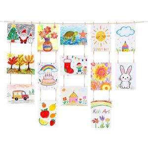 Dahey Art Display for Kids Artwork Wall Decor Boho Wooden Beads Garland Frame Holder with 34 Clips for Hanging Kids Art Work Picture Photo Cards Display, Bedroom Living Room Homeschool Decor