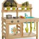 Freniland Outdoor Mud Kitchen for Kids,Wooden Play Kitchen with Real Running Water & Hose Hookup,Built-in Storage and Removable Sink,Backyard Toddler Kitchen Playset for Ages 3+