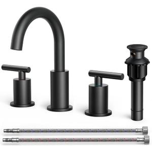 FORIOUS Bathroom Faucets, 8 Inch Widespread Matte Black Bathroom Sink Faucet 3 Hole with 360Swivel Spout, Suitable for 6-12 Inch Vanity Sink, with Metal Pop-up Drain and cUPC Supply Line