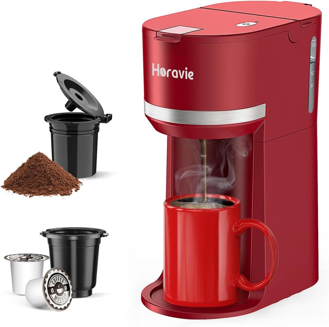 Mini Single Serve Coffee Maker for K Cup and Ground Coffee, Fast Brew One Cup Coffee Machine with Descaling Reminder and Water Window, 6 to 12 oz. Brew Sizes, Red (9.45 Inches)