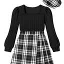 NECIOUS Girls Clothes Size 11-12 Fall Winter Girls Outfits 10-12 Long Sleeve Rib Knit Shirt Tops Black Plaid Skirt Shorts Beret Dress 2 Piece Clothing Set