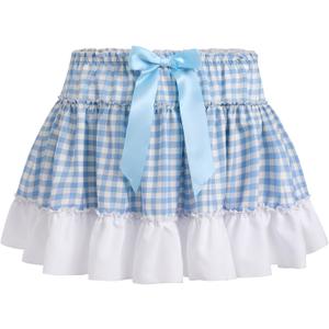 ABAFIP Sissy Plaid Mini Skirt Bowknot Ruffle Pleated Short Crossddressing Skirt for Men (Blue)