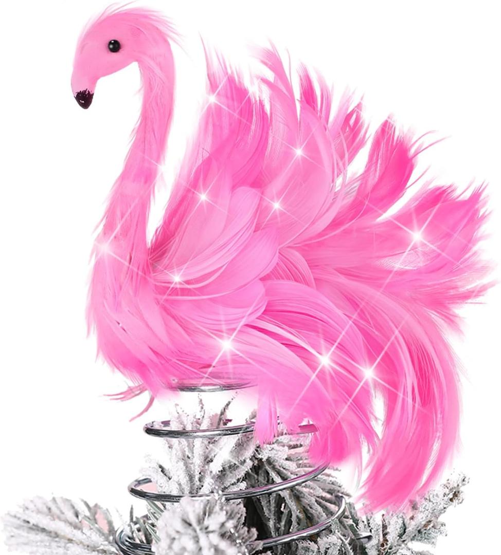 Gejoy Pink Flamingo Mini Christmas Tree Topper 4 Inch with Artificial Fluffy Feather LED String Lights Light up Miniature Pink Christmas Home Decorations for Small Xmas Tree Ornaments Holiday Party