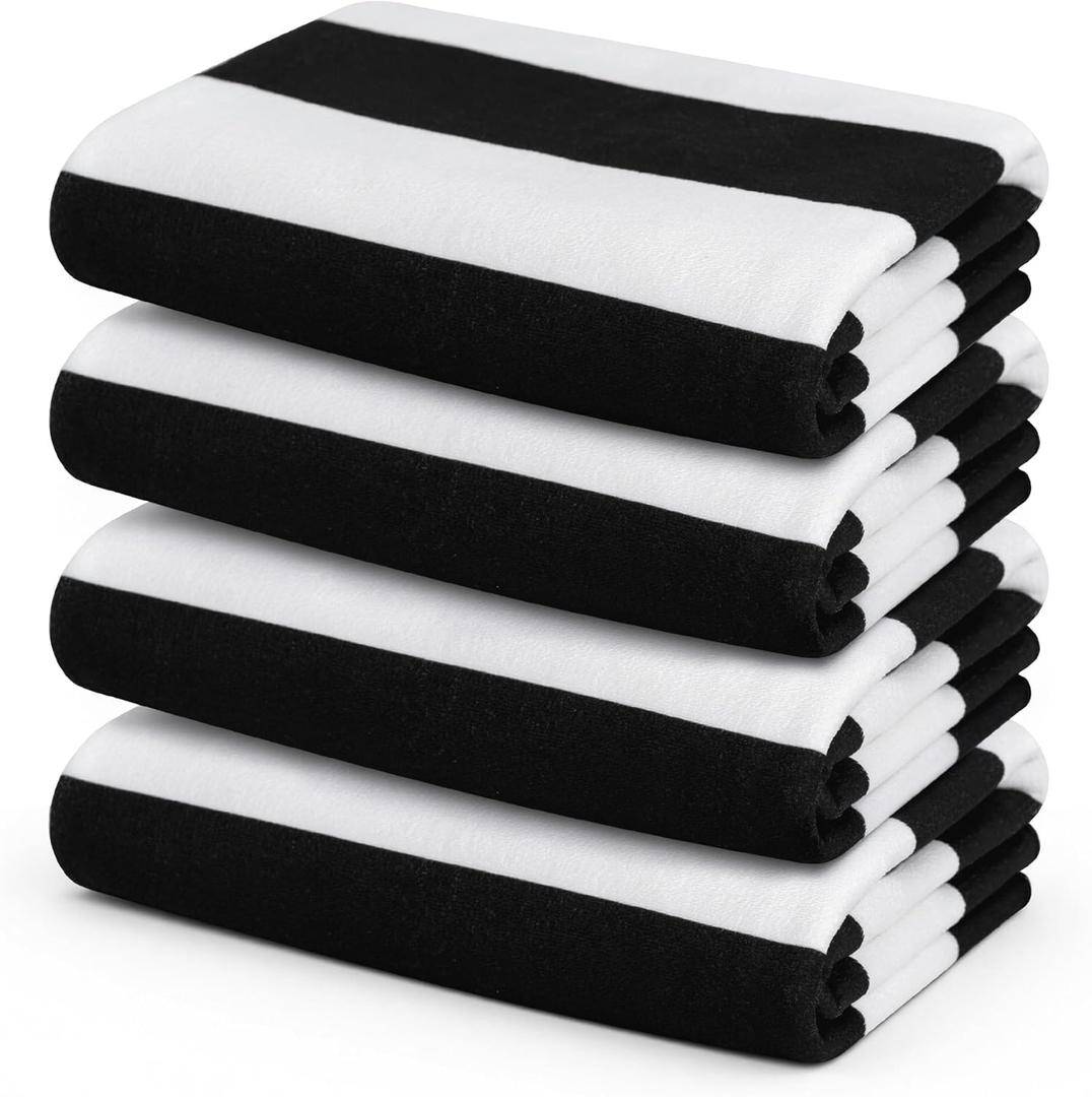 Touchat 4 Pack Beach Towels Oversized 30'' x 60'' Microfiber Pool Swim Bath Camping Travel Cabana Stripe Quick-Dry Super Absorbent Lightweight Sand Free Towel for Adults, Multi-FunctionalBlack