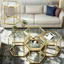 Hexagonal Modular Coffee Table, Gold Plated Frame, Tempered Glass Top, Geometric Accent Side Table, Multi-Purpose Nesting Table for Living Room Bedroom, Set of 1, 1 Piece