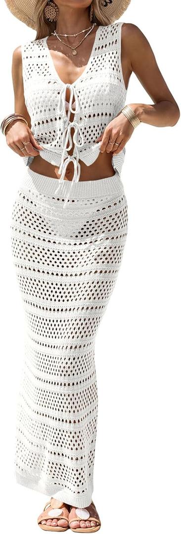 Fisoew Womens Crochet Cover Up 2 Piece Skirt Sets Sleeveless Crop Cardigan Tank Tops Swim Coverup Set (Small, White)