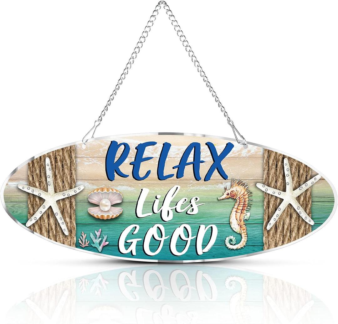 Hotop Beach Sign Decor Hanging Sea Decorations Starfish Wall Decoration Beach Plaque Door Wall Plaque Decor Sign with Seahorse and Scallop for Decoration(Classic Style)