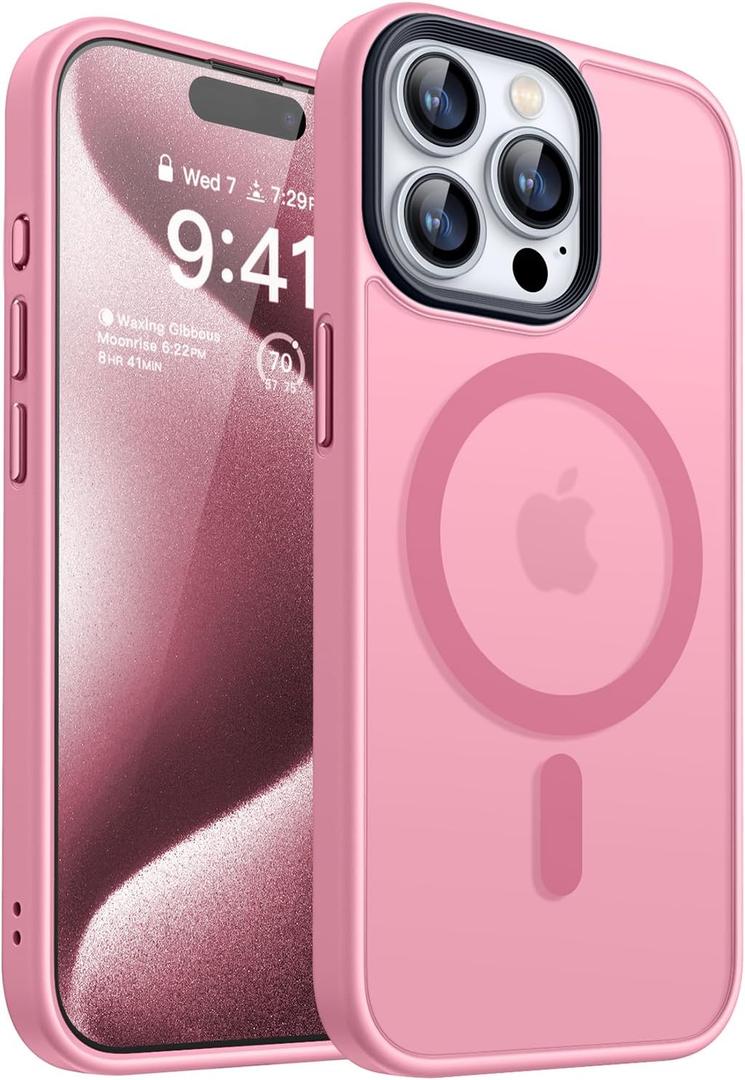 CANSHN Magnetic Compatible with iPhone 15 Pro Case [Compatible with Magsafe] [Translucent Matte] Slim Thin Shockproof Protective Bumper Cover Phone Case Cover 6.1 Inch - Pink