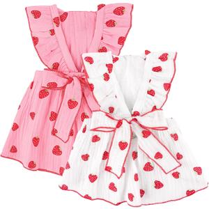 2 Pack Dog Dress Clothes for Small Dogs Girl with Leash Ring & Bow cat Dog Outfit Strawberry Printed Pet Cat Apparel Sweet Ruffled Chihuahua Yorkie Puppy Clothes (Large, Pink+White)