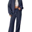 Aleumdr Women's 2 Piece Outfits Sweatsuit Fleece Zip Up Long Sleeve Sweatshirt with Wide Leg Sweatpants Lounge Set, Black, Large