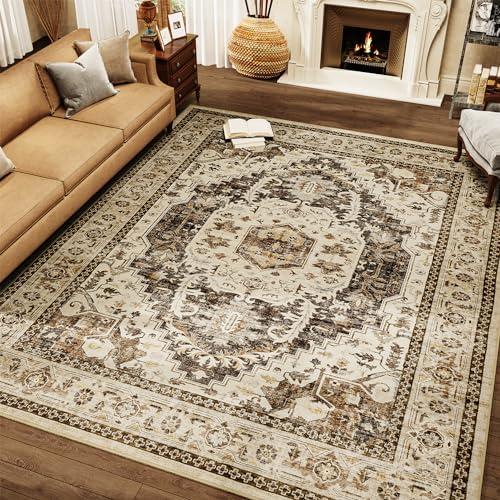 Brown Large 9x12 Area Rugs for Living Room Rug Bedroom Rug-Carpet Washable Neutral Moody Vintage Traditional Dining Room Rugs Office Soft Comfortable Non Slip