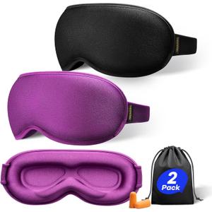 Weighted Sleep Mask 2 Pack - 3D Contoured Eye Masks for Sleep, Best Blackout Sleep Masks for Women Men, Eye Mask for Travel, Meditation, Airplane, Memory Foam, Adjustable Strap, Black Purple