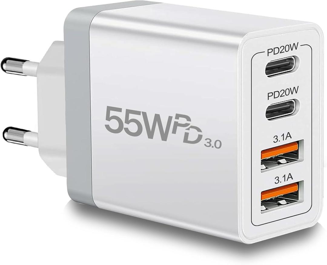 European Travel Plug Adapter USB C, 55W USB C European Charger 4-Port Fast Charger Type C Wall Charger USA to Europe Plug Adapter for iPhone 17 16 15 14 13 12 11 Pro Max X 8, Galaxy, Android