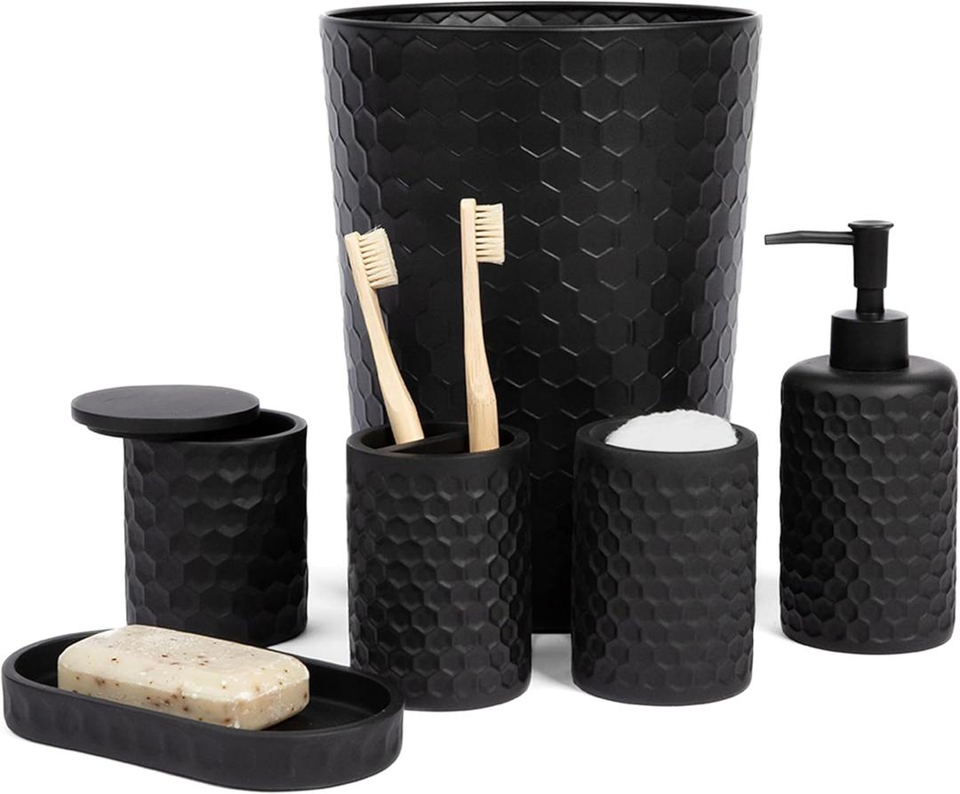 zccz 6 Piece Bathroom Accessories Set, Toothbrush Holder, Toothbrush Cup, Soap Dispenser, Bathroom Vanity Tray, Qtip Holder, Trash Can - Black