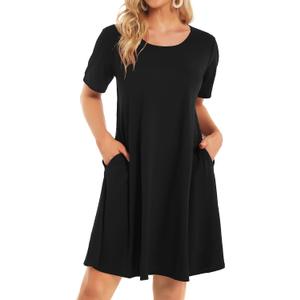 Womens Summer Dresses Beach Casual Loose Tshirt Floral Short Sleeve Flowy Pockets Sundresses 2026 (Large, 01 Black)