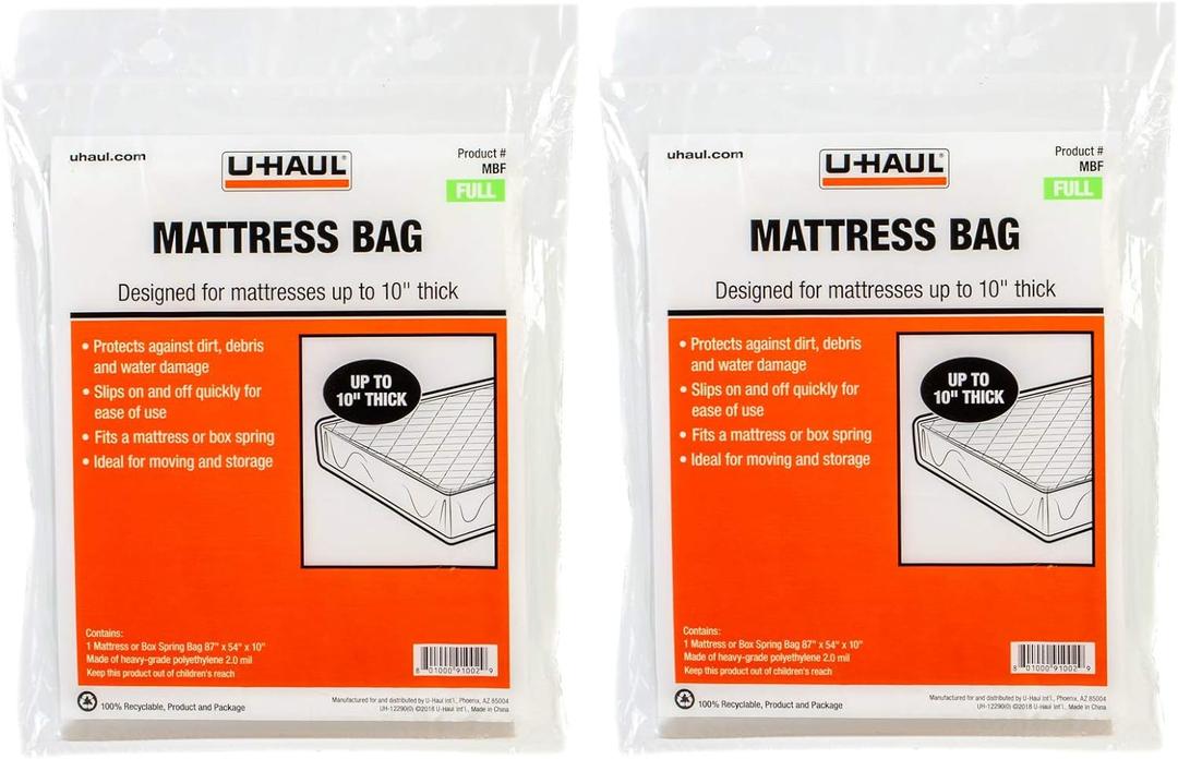 U-Haul Full Mattress Bags for Moving, Storage, and Renovation Protection - 87" x 54" x 10" - Pack of 2
