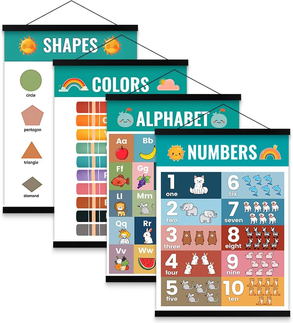 Benjia Boho Alphabet Numbers Color Shape poster hanger frame Set of 4, 12x16 inch for Boys Girls Preschool Educational Learning Poster Wall Decor Nursery Classroom Playroom Toddler Bedroom Kids room