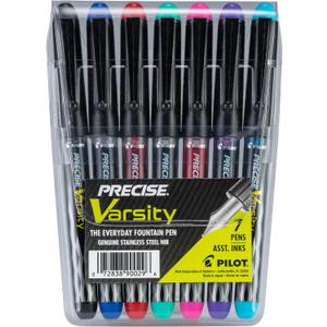 PILOT Pen 90029 Precise Varsity Pre-Filled Fountain Pens, Medium Point Stainless Steel Nib, Black/Blue/Red/Pink/Green/Purple/Turquoise, 7-Pack Pouch