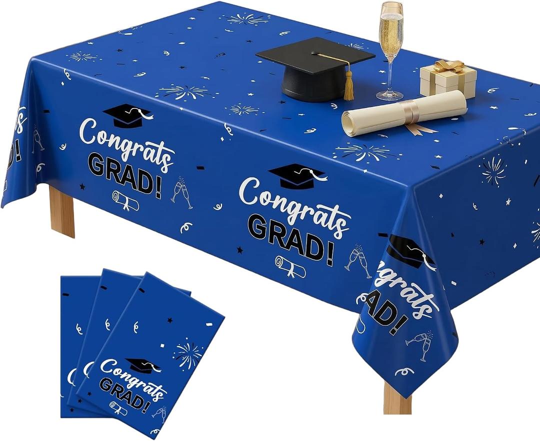 3 Pack Graduation Tablecloths 54 x 108 Inch 2026 Graduation Decorations Plastic Blue Table Tablecloths for High School & College Graduation Party Decorations Waterproof Rectangular Tablecloth Supplies