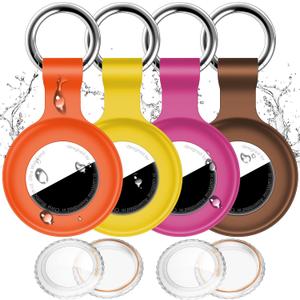 4 Pack Compatible with Apple Airtag Holder with Keychain,IPX8 Waterproof GPS Cover for Air-Tags Shockproof [Anti-Scratch] Item Finders Case for Pets,Kids,Luggage-Yellow+Brown+Orange+Rosered