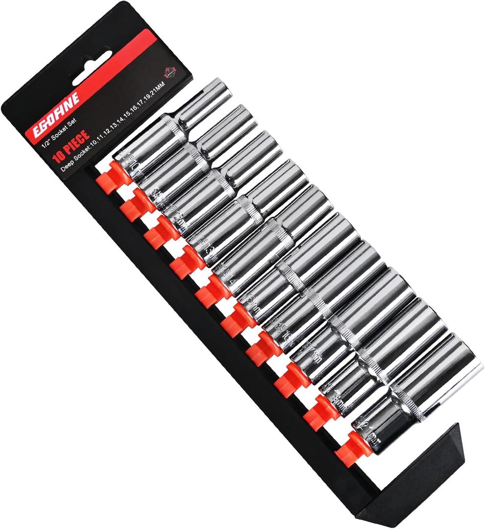 Egofine 10PCS 1/2 Drive Deep Socket Set,Metric Socket Set10mm-21mm,6 Point Socket Set With Hanging Bracket,Cr-V Steel