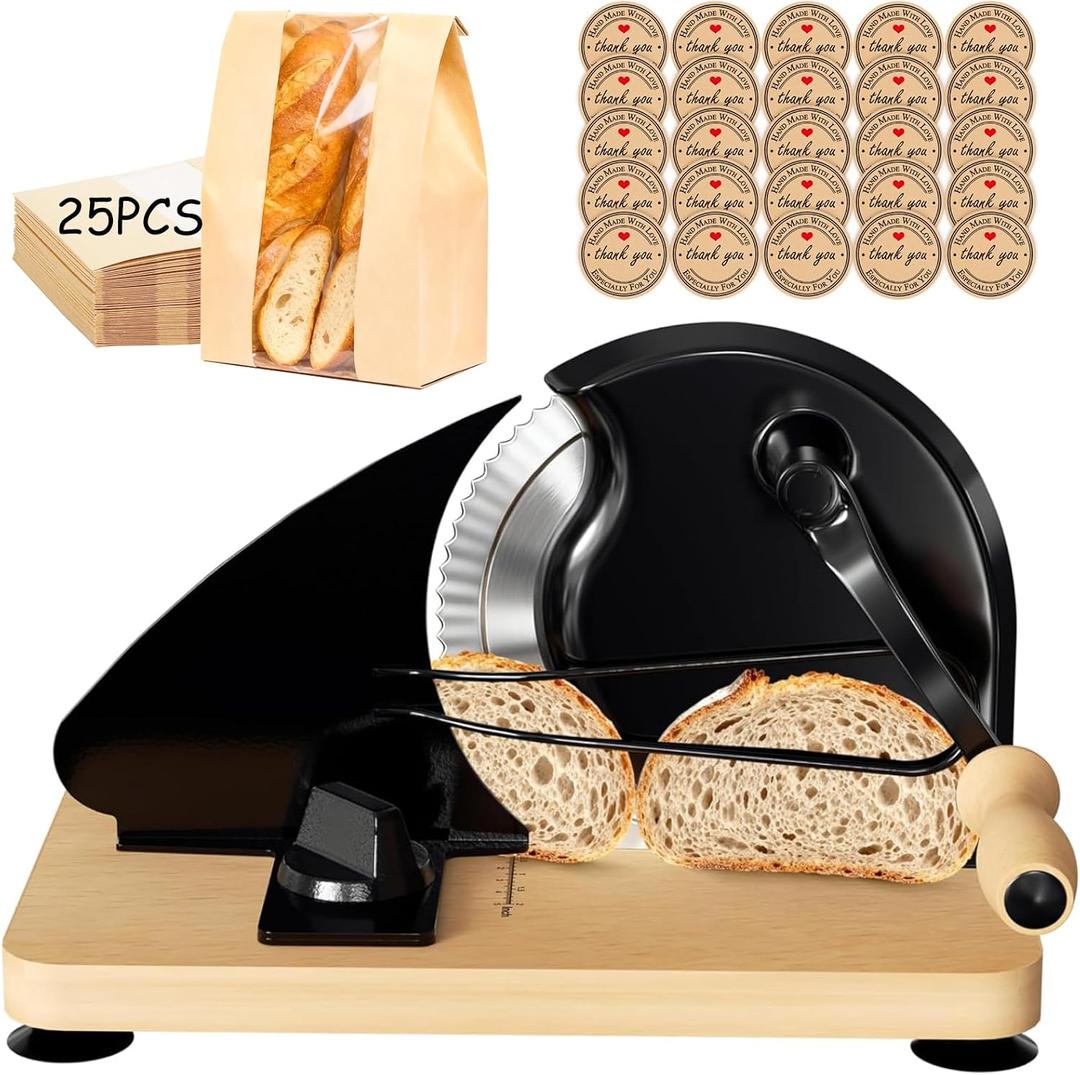 Manual Bread Slicer for Homemade Bread with 25pcs Paper Bread Bags | Hand Crank Sourdough Bread Slicer with Stainless Steel Blade, Adjustable Thickness, Suction Cup and Guide Rail, Black