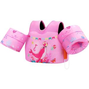 MoKo Toddler Swim Vest for Kids 13-30/20-50/22-66lbs, Swim Arm Floaties Cartoon Swimming Water Wings Pool Float Vests Sleeves Shoulder Straps Arm Band for Children Learn to Swim (Pink Seal)