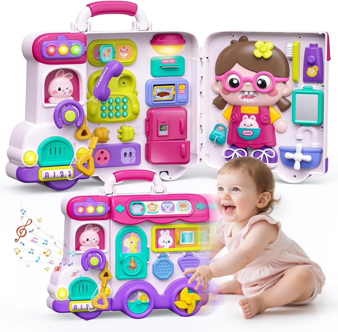 54-in-1 English & Spanish Musical Busy Board Montessori Toys, Early Educational Montessori Toy for 1 2 Year Old Girl, Bilingual Learning Toy Gifts for 1+ Year Old Girl (Pink)