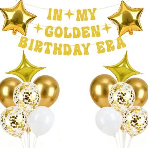 Golden Birthday Party Decorations with My Golden Birthday Banner, 12-inch latex Balloons, Gold Star Foil Balloons for Gold Party Decorations